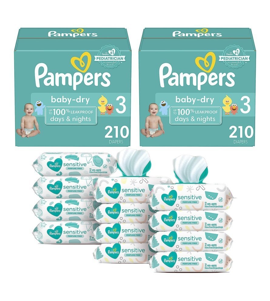 Pampers Baby Dry Disposable Baby Diapers Size 3. 2 Month Supply (2 x 210 Count) with Sensitive Water Based Baby Wipes. 12X Pop-Top Packs (864 Count)