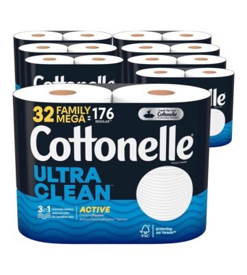 Cottonelle Ultra Clean Toilet Paper with Active CleaningRipples Texture. Strong Bath Tissue. 32 Family Mega Rolls (32 Family Mega Rolls = 176 Regular Rolls) (8 Packs of 4). 388 Sheets per Roll
